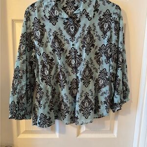 Foxcroft Aqua and Black Patterned Blouse